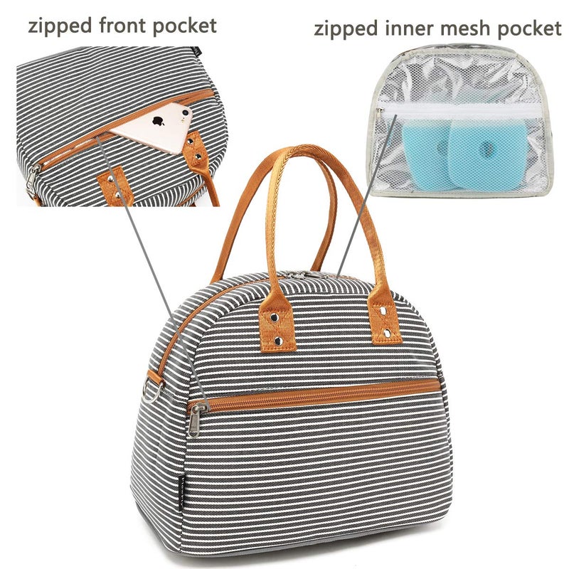 FlowFly Insulated Lunch Bag With Shoulder Strap for Women, Men, and Kids, Large and Reusable, Handle, Freezable Work and School Travel Tote and Meal Prep Organizer,White and Black Stripes - Image 4